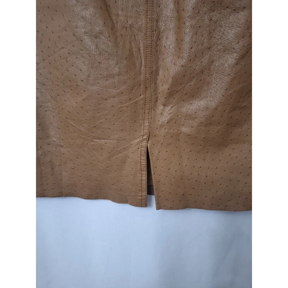 Womens Vintage Ostrich Genuine Leather Mini Skirt Sz 5/6 Brown Y2K Mob Wife 90s